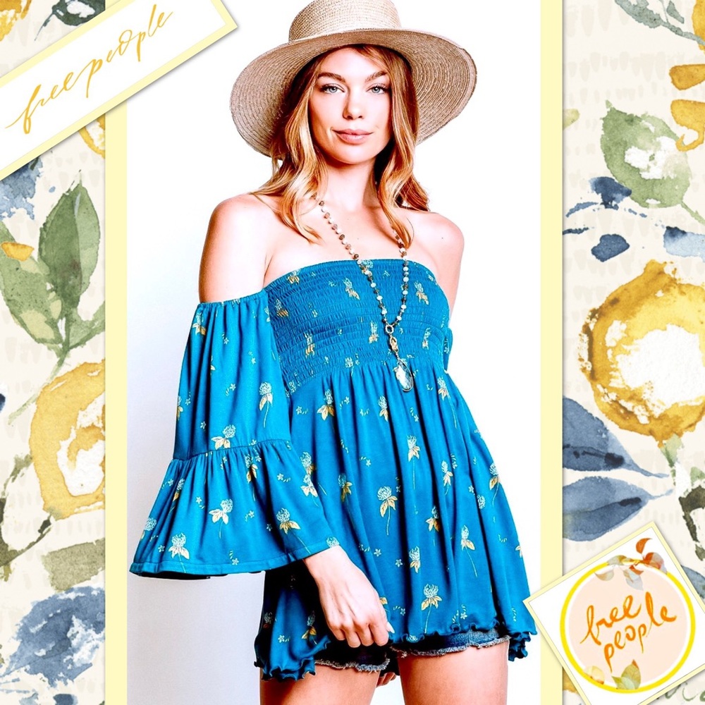 Free People Lana Off the Shoulder Tunic Turquoise - Picture 2 of 8